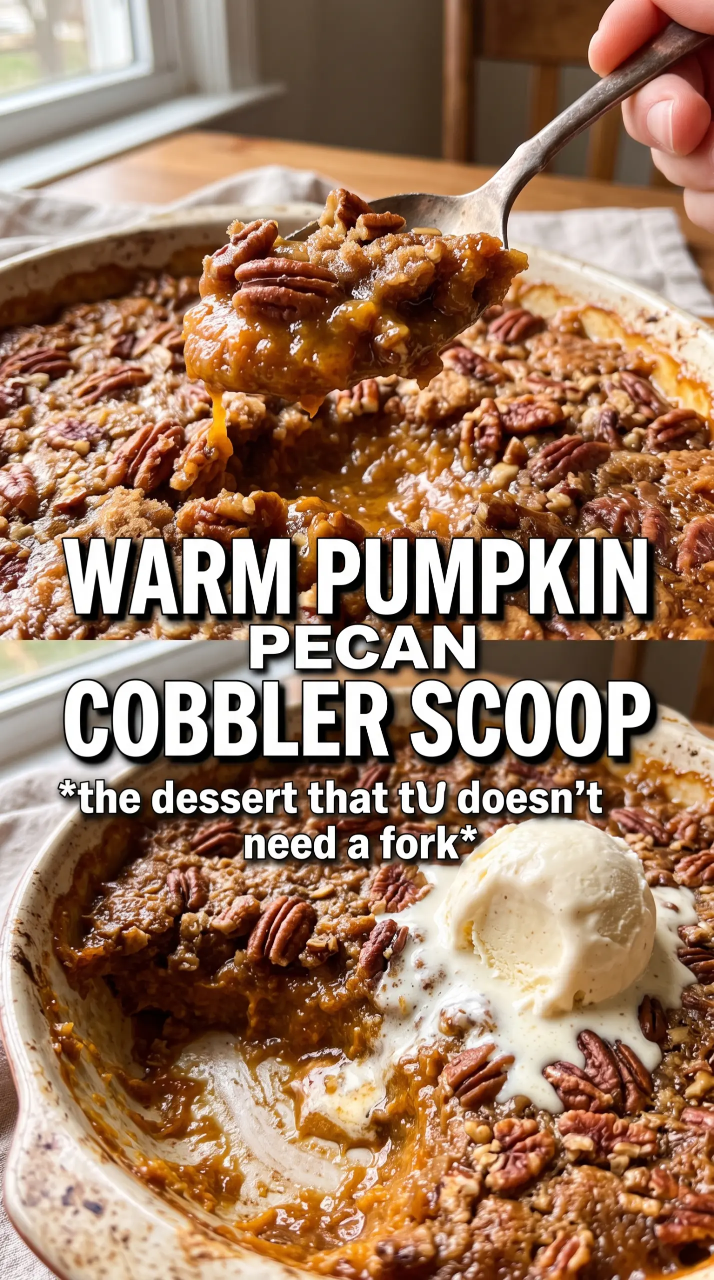 Pumpkin Pecan Cobbler with caramel sauce and pecans