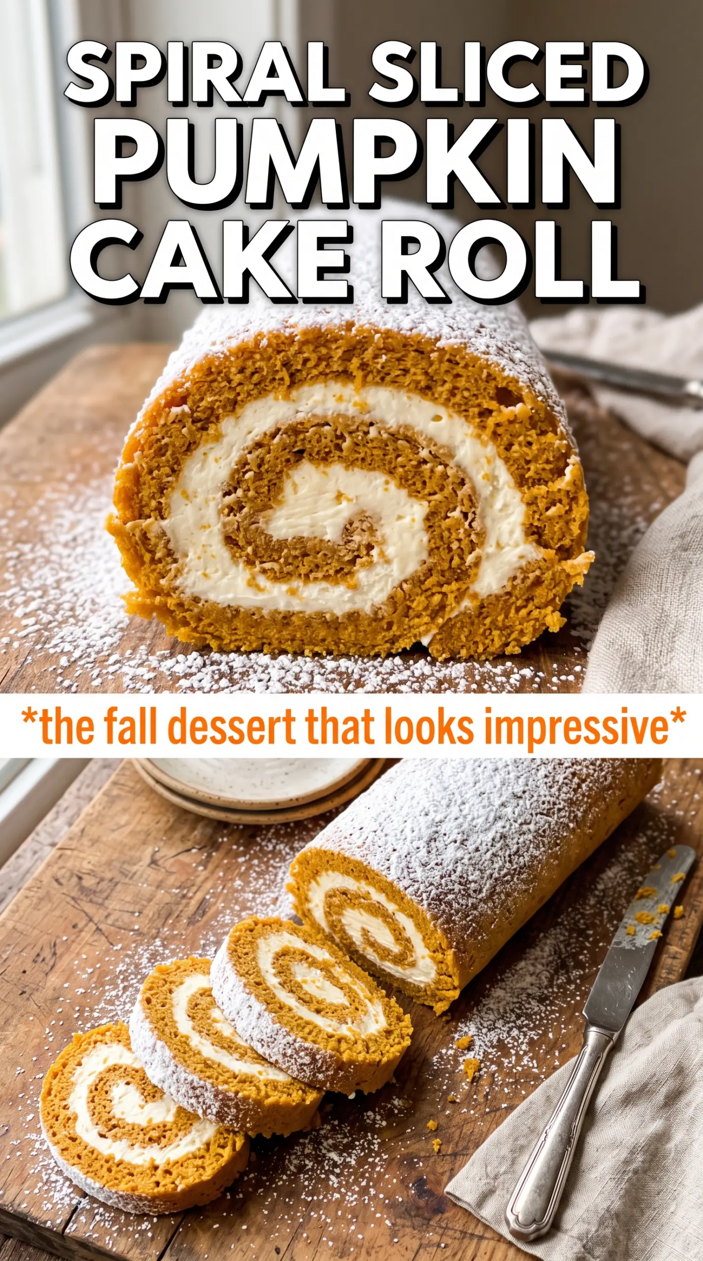 Pumpkin Spice Cake Roll sliced spiraled spiced creamy