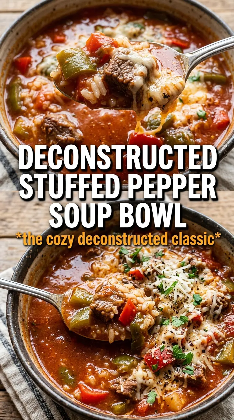 Stuffed Peppers Soup hearty tomato broth, beef, rice