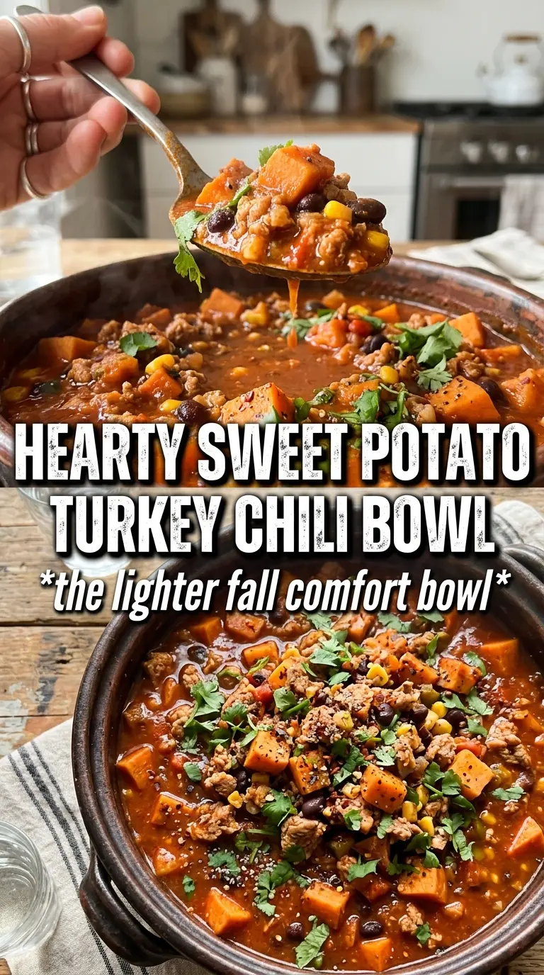 Sweet Potato Turkey Chili hearty orange-hued bowl, smoky, creamy, comforting
