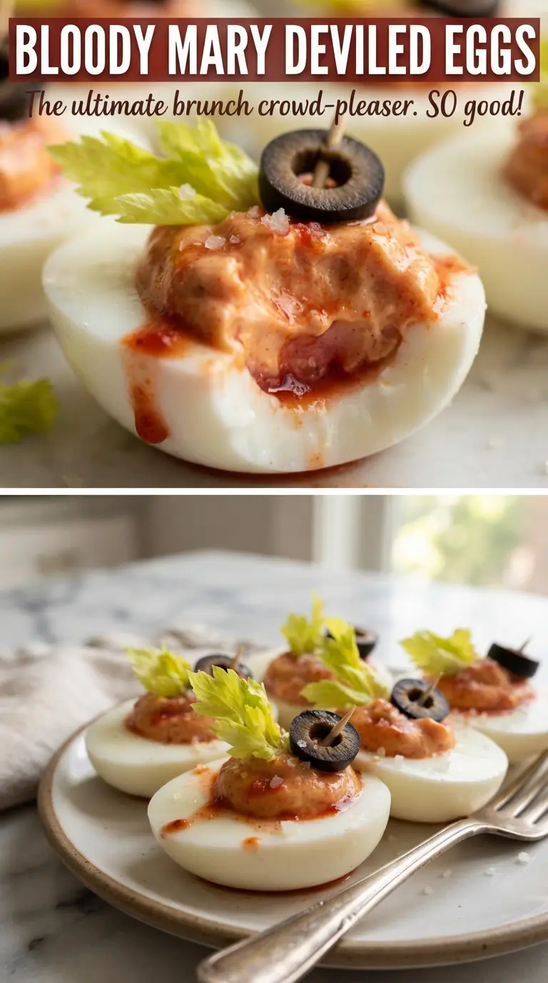 Bloody Mary Deviled Eggs rosy, savory, garnished