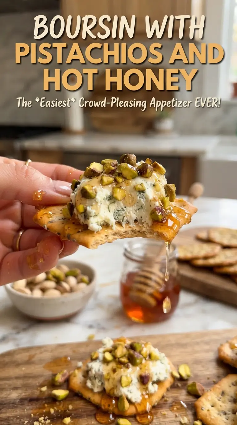 Boursin with Pistachios and Hot Honey warm cheesy crunchy sweet