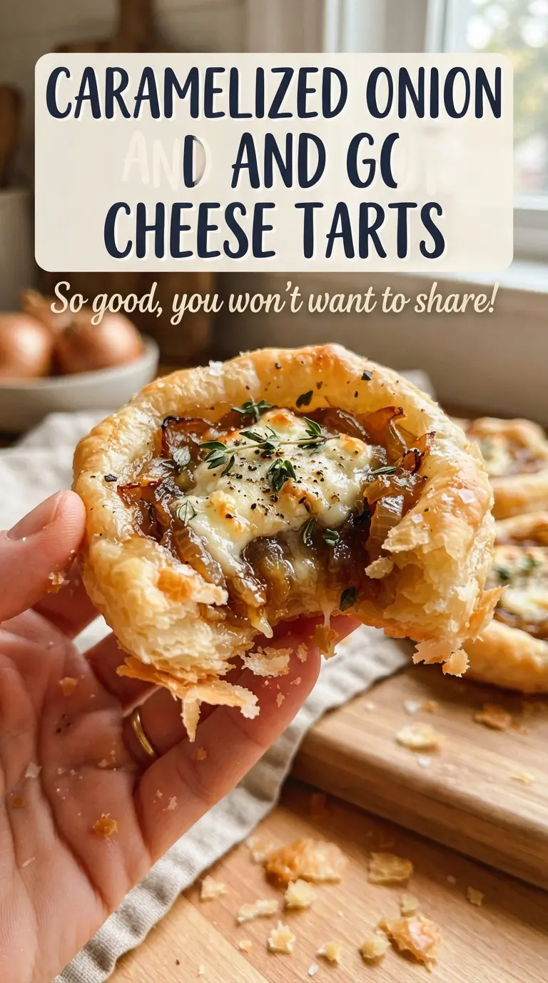 Caramelized Onion and Goat Cheese Tarts golden puff pastry, jammy onions, honey-drizzled