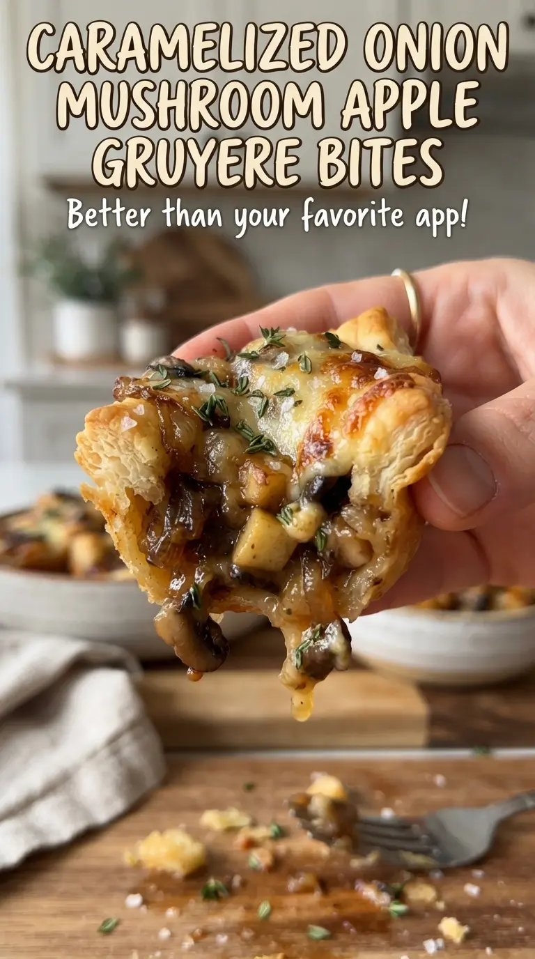 Caramelized Onion Mushroom Apple Gruyere Bites golden phyllo savory crisp