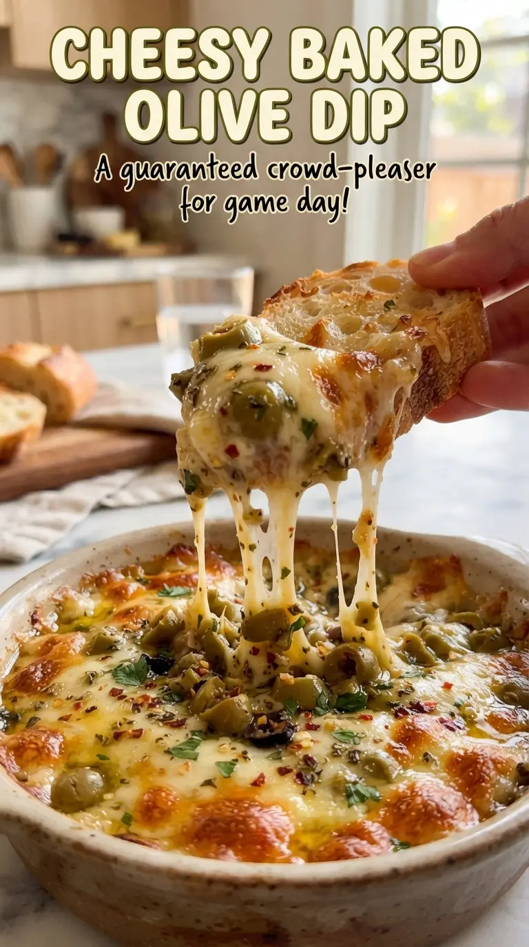 Cheesy Baked Olive Dip bubbling golden cheesy
