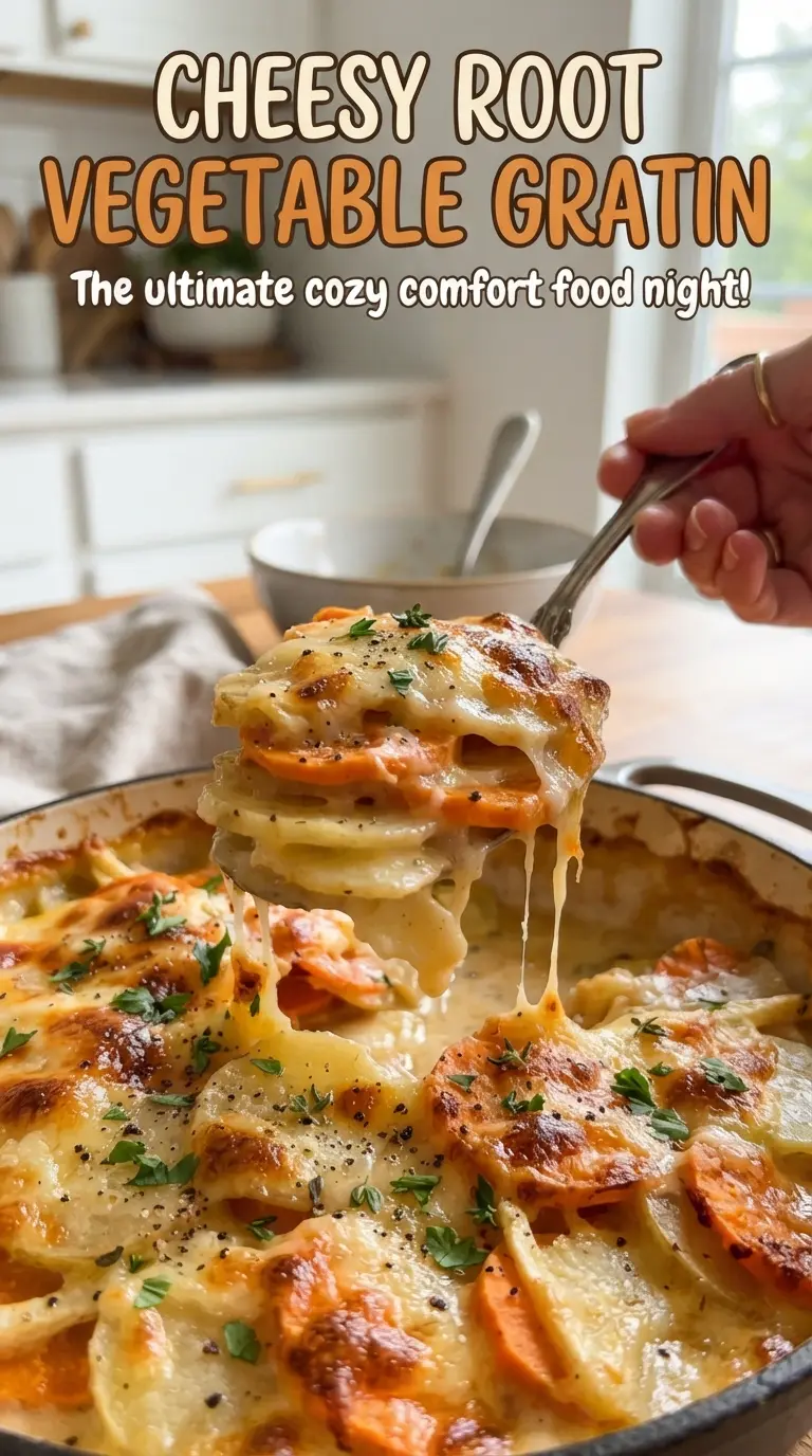 Cheesy Root Vegetable Gratin with golden crust, creamy layers, French-inspired