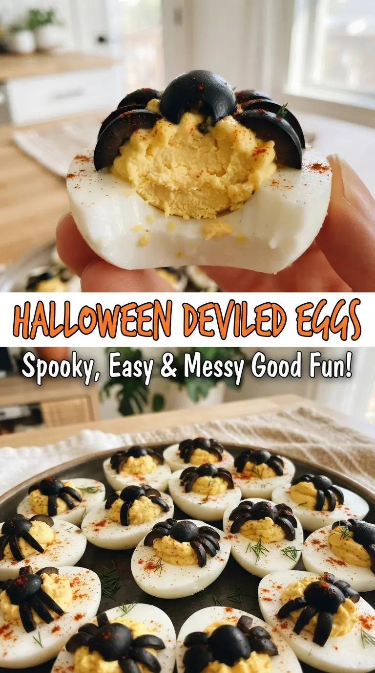 Halloween deviled eggs spooky green spider-topped