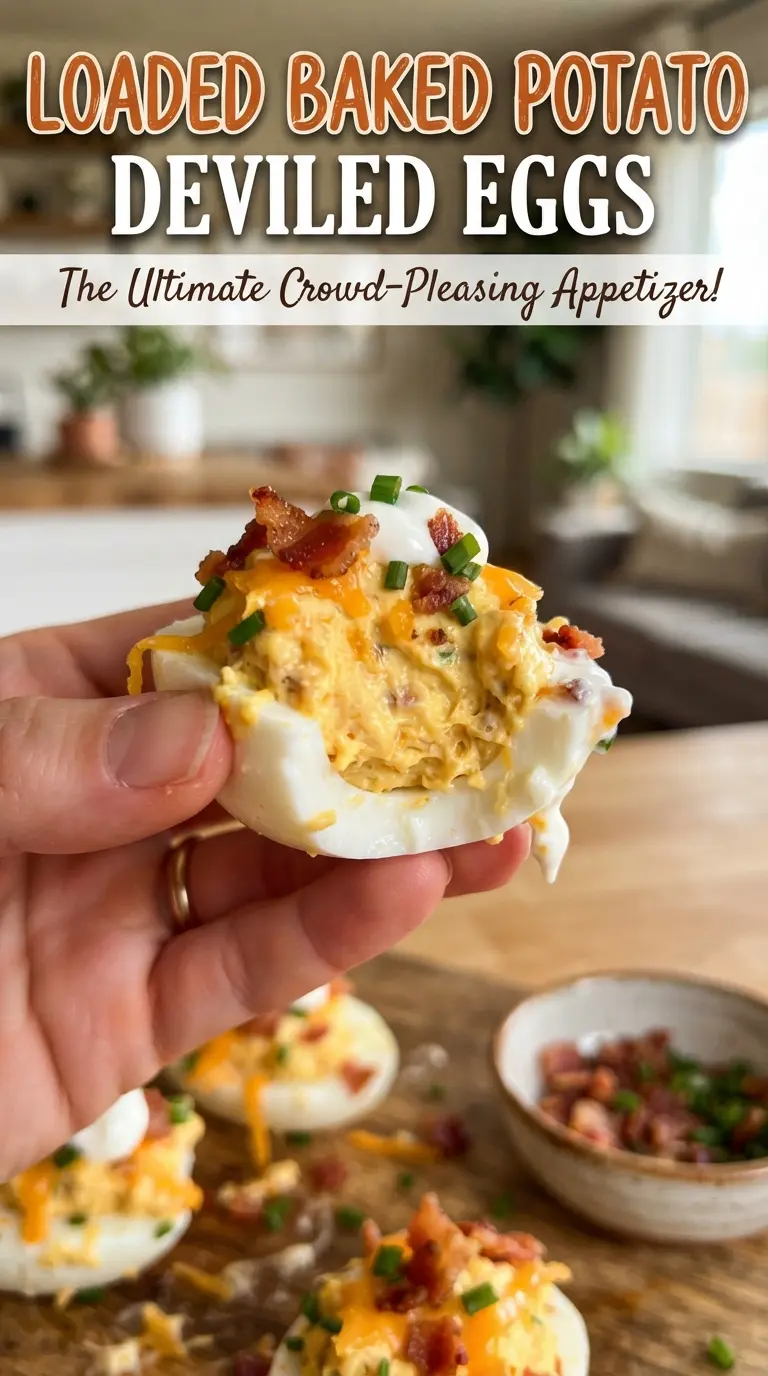Loaded Baked Potato Deviled Eggs creamy bacon cheddar