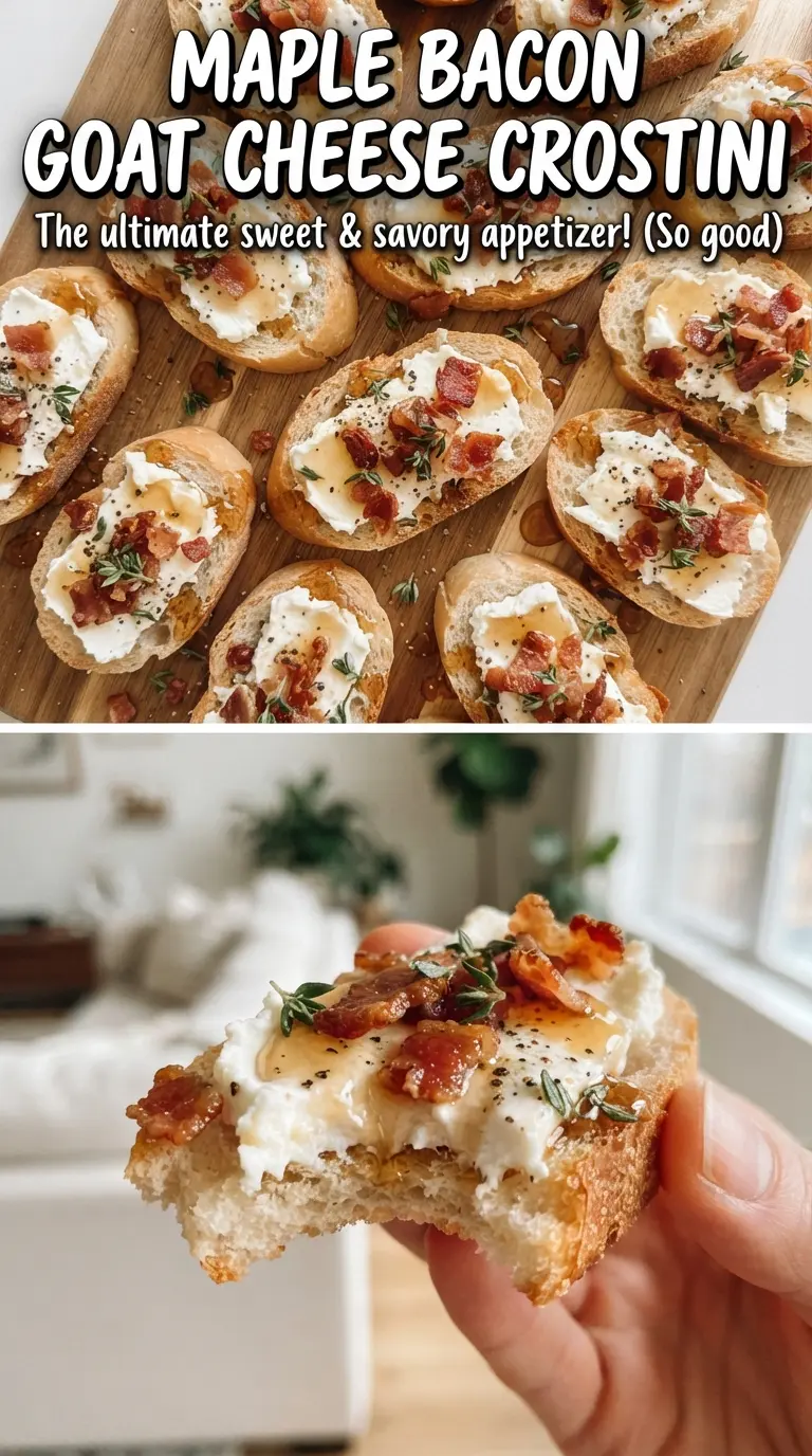 Maple bacon goat cheese crostini with maple drizzle, thyme, crispy bacon