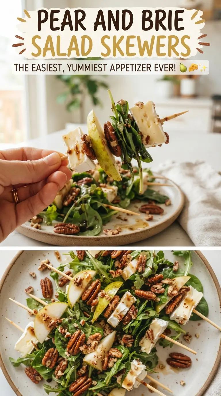 pear and brie salad skewers with balsamic glaze, candied pecans, and arugula