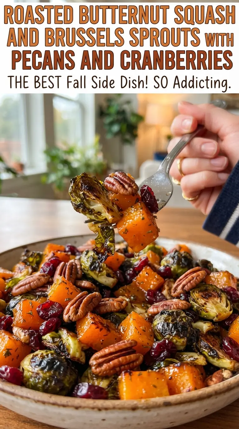 Roasted butternut squash and Brussels sprouts with pecans and cranberries, caramelized, maple balsamic