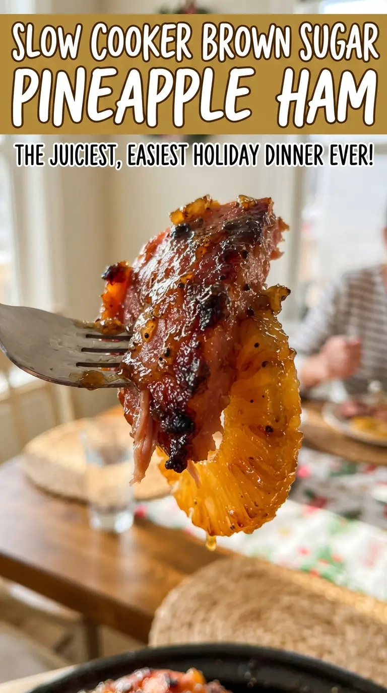 Slow Cooker Brown Sugar Pineapple Ham glossy glazed slices