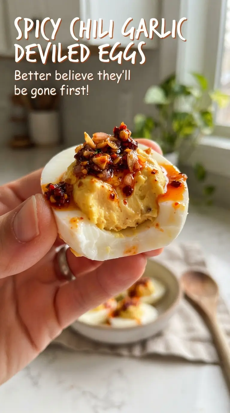 Spicy Chili Garlic Deviled Eggs glossy crunchy
