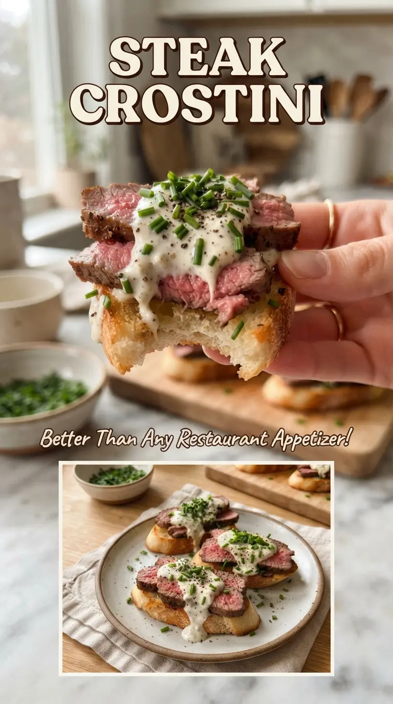 Steak crostini with horseradish cream, balsamic glaze, arugula