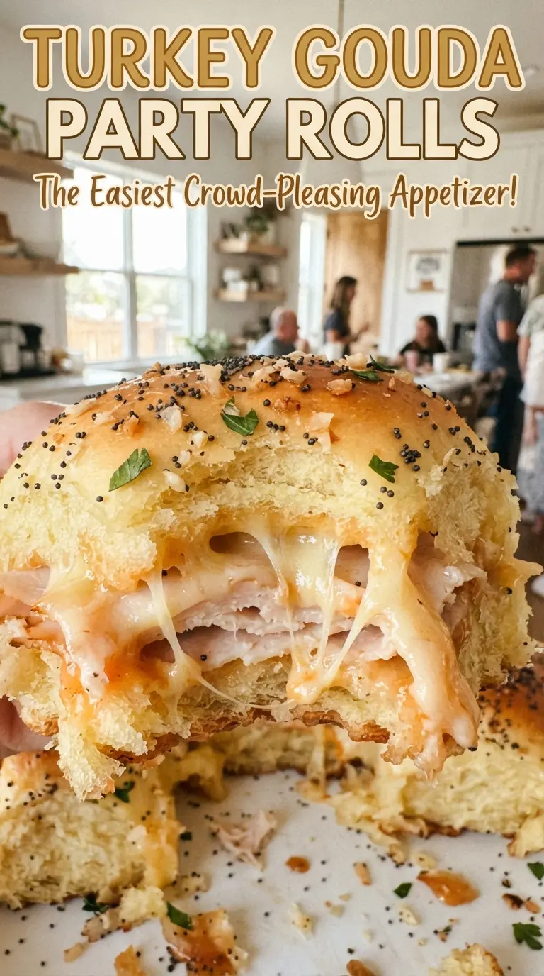 Turkey Gouda Party Rolls with buttery tops, melty cheese, and soft slider layers